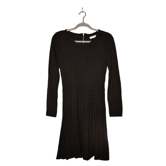 CALVIN KLEIN $129 Black Textured Sweater Knit Fit & Flare Dress Long Sleeves M - Picture 1 of 3